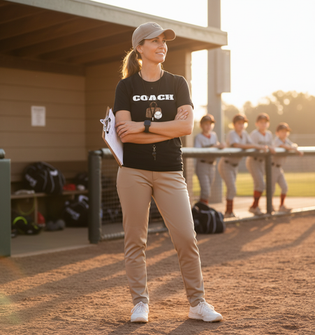 Ladies Coach t-shirt lifestyle photo with actual design